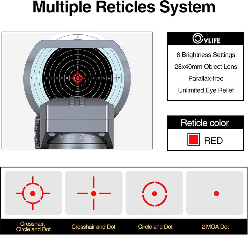CVLIFE Reflex Sight, 1x28x40mm Red Dot Sight, 4 Adjustable Reticles Sight for 20mm Picatinny Rail, Red Dot Optics, Absolute Co-Witness - Image 2